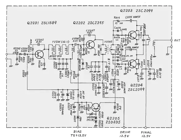 Schema elettrico del circuito POWER AMP usato nel Yaesu FT-7B